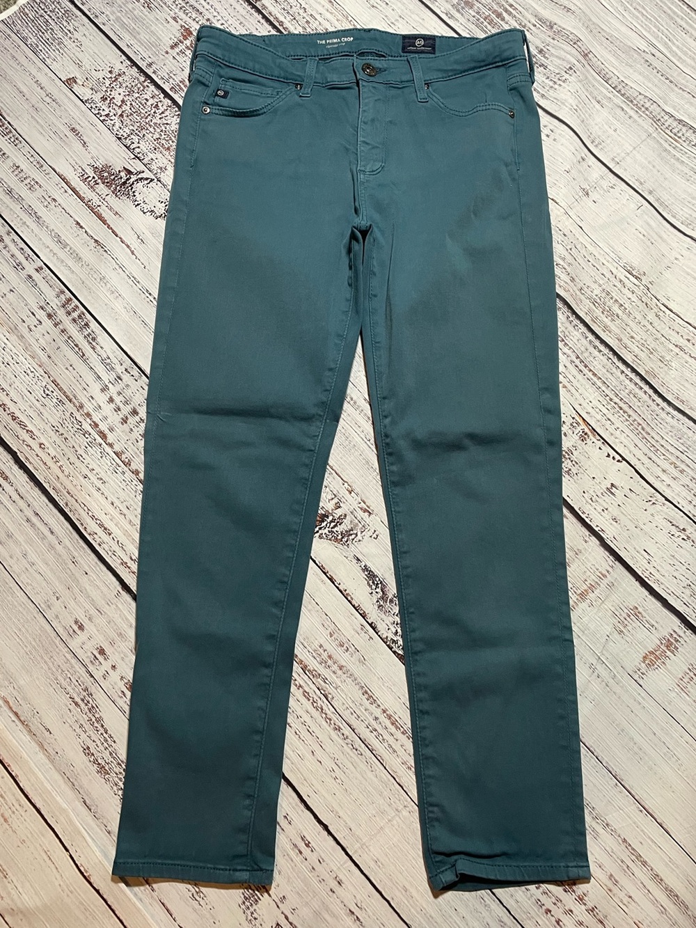 AG Jeans The Prima Crop slim-fit pants in a rich teal green. Size 27.